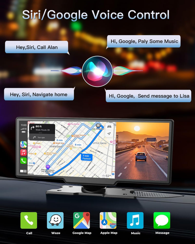 Carplay Car Tablet, 10.26" HD IPS Wireless Carplay and Android Auto Screen with 4K Dash Cam, Bluetooth, GPS Navigation Head Unit, Siri, Mirror Link, Loop Recording, 1080P Backup Camera