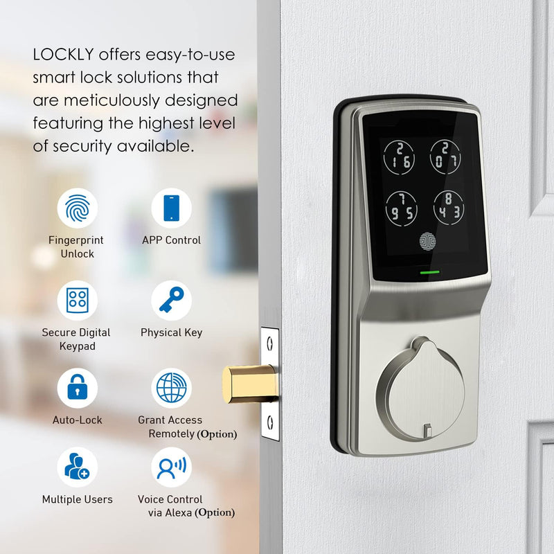 LOCKLY PGD728FSN Secure Plus Deadbolt - Bluetooth Smart Lock, Fingerprint Door Lock with Patented Keypad, App Control, Satin Nickel