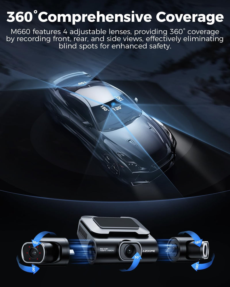 AZDOME M660 360° 4 Channel Dash Cam, Built-in 128GB eMMC, 2K+1080P*3 Dashcam Front and Rear Inside Left Right, Voice Control, 5G WiFi Dash Camera for Cars with 4 Adjustable Lenses, IR Night Vision