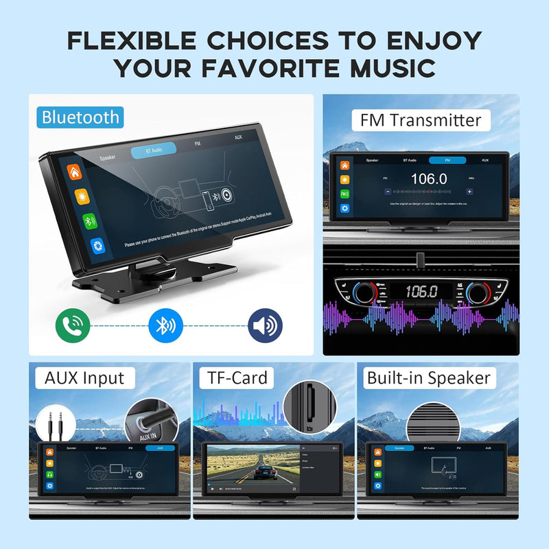 Carplay Car Tablet, 10.26" HD IPS Wireless Carplay and Android Auto Screen with 4K Dash Cam, Bluetooth, GPS Navigation Head Unit, Siri, Mirror Link, Loop Recording, 1080P Backup Camera