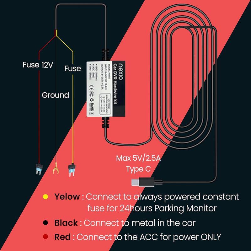 NEXIO Acc Hardwire Kit HW050115 Type-C, 12 Feet with Fuse Kit