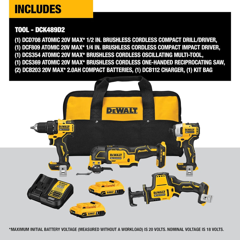 DEWALT DCK489D2 Atomic 20V MAX Brushless Cordless 4-Tool Combo Kit