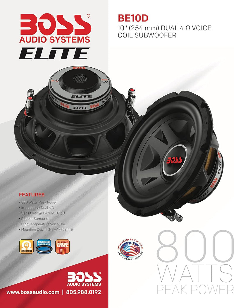 BOSS Audio Systems Elite BE10D 10 Inch Car Subwoofer - 800 Watts Maximum Power, Dual 4 Ohm Voice Coil