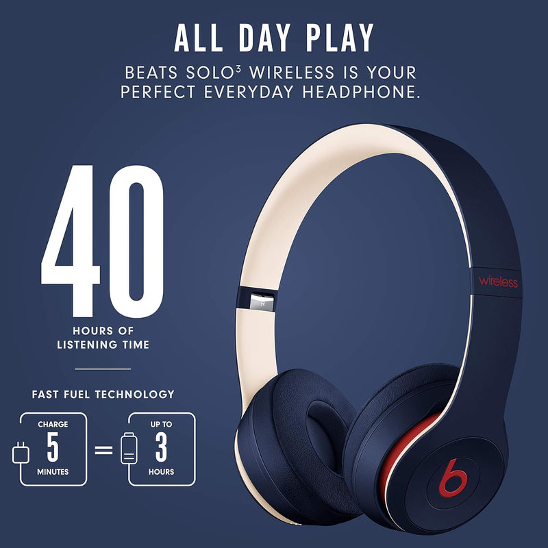 Beats Solo3 Wireless On-Ear Headphones - Apple W1 Headphone Chip, Class 1 Bluetooth, 40 Hours of Listening Time, Built-in Microphone - Club Navy - MV8W2LL/A