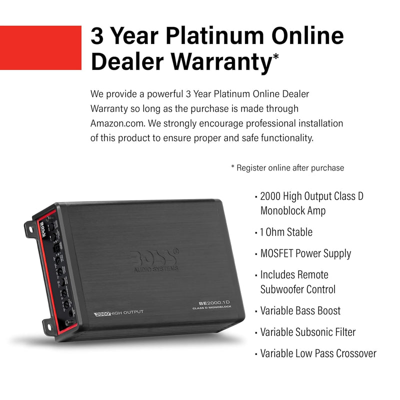 BOSS Elite BE2000.1D – 2000W Class D Monoblock Car Amplifier with Remote Subwoofer Control