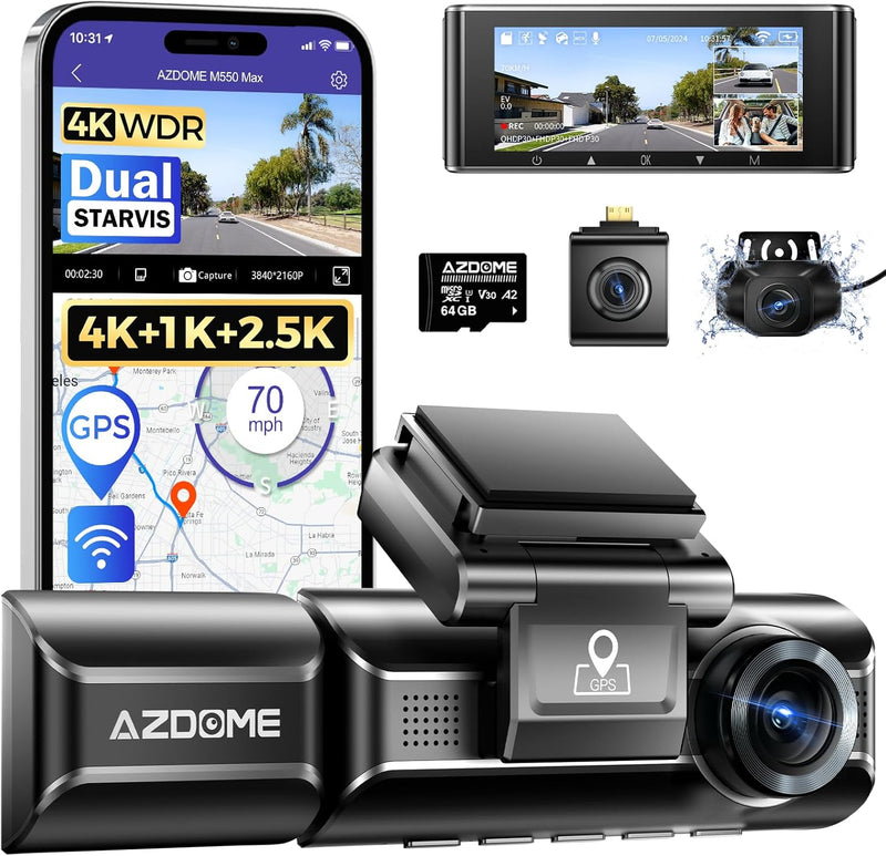 AZDOME M550 Max 4K 3 Channel Dash Cam,STARVIS Sensors, Built-in WiFi GPS, 64GB Card Included, IR Night Vision, WDR, 24H Parking Mode