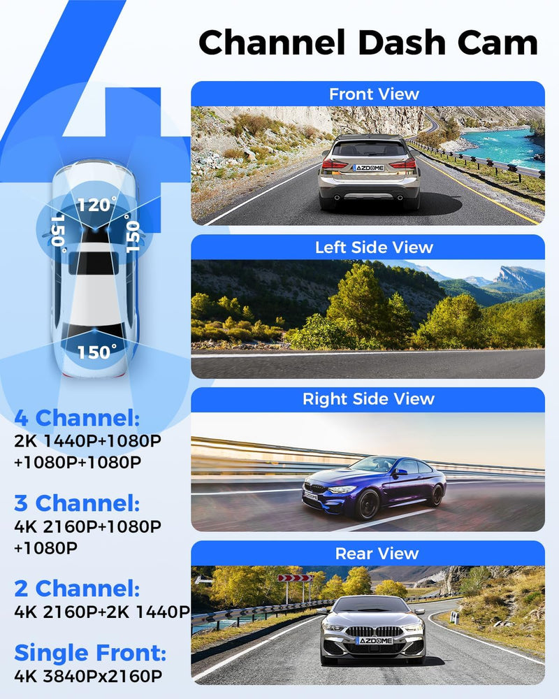 AZDOME M660 360° 4 Channel Dash Cam, Built-in 128GB eMMC, 2K+1080P*3 Dashcam Front and Rear Inside Left Right, Voice Control, 5G WiFi Dash Camera for Cars with 4 Adjustable Lenses, IR Night Vision