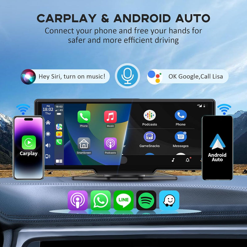 Carplay Car Tablet, 10.26" HD IPS Wireless Carplay and Android Auto Screen with 4K Dash Cam, Bluetooth, GPS Navigation Head Unit, Siri, Mirror Link, Loop Recording, 1080P Backup Camera