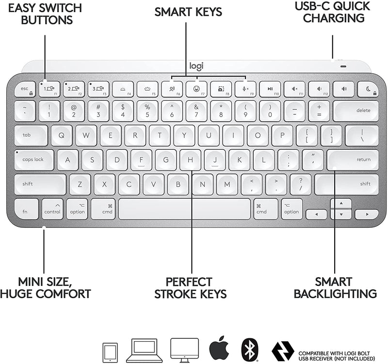 Logitech MX Keys Mini Bluetooth Backlit Ergonomic Keyboard for Mac - Pale Grey - English - Bass Electronics