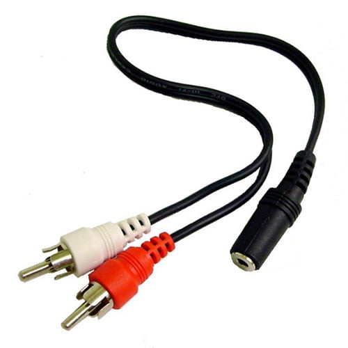“Y” Cable, 3.5 mm stereo jack to two RCA-type plugs, 6″ Long, shielded.