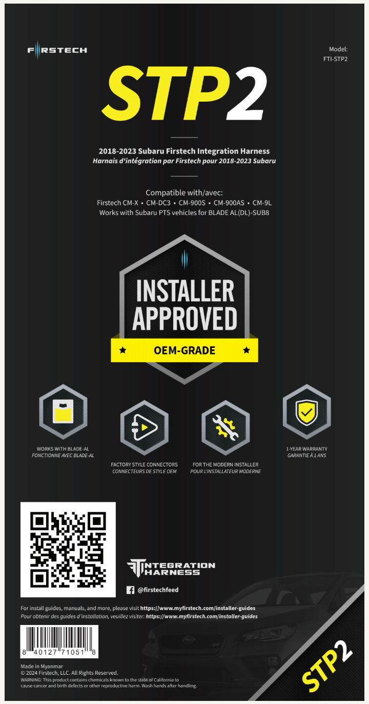 FTI FTI-STP2 T-Harness for 2018 -2023 Subaru PTS vehicles compatible with Blade AL(DL)-SUB8