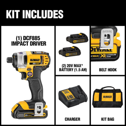 DEWALT DCF885C2 20-Volt Max Lithium Ion 1/4-Inch 1.5 Ah Impact Driver Kit