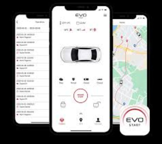 Two smartphone screens displaying an app interface with a car icon and map, branded 'EVO'.