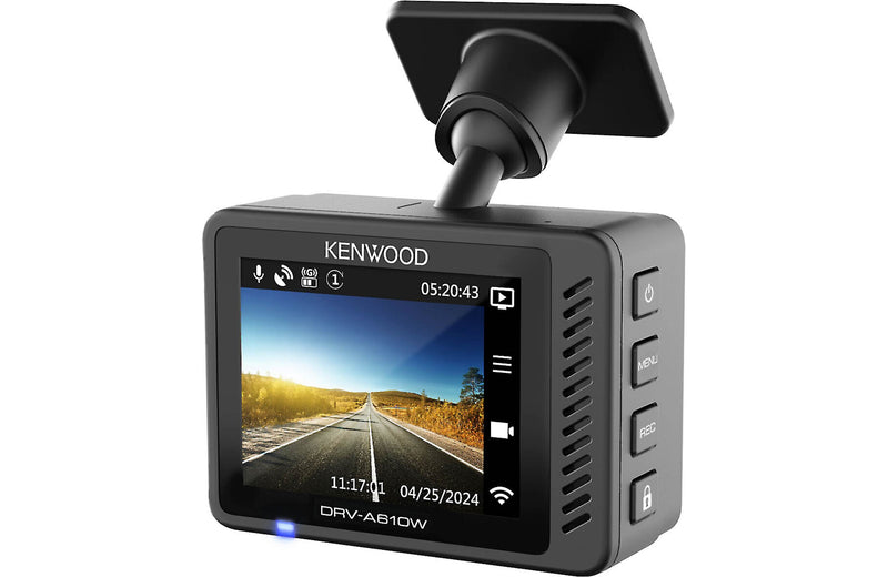 Kenwood DRV-A610WDP Compact 4K HD dash camera with 2" display, Wi-Fi, and GPS — includes rear-view cam