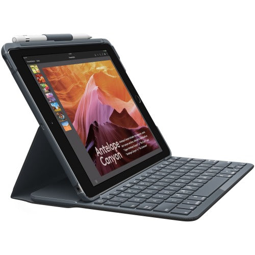 Logitech SLIM FOLIO Keyboard/Cover Case (Folio) Apple, Logitech iPad (5th Generation), iPad (6th Generation) Tablet -grey- Water Resistant, Bump Resistant, Scratch Resistant - Plastic Body - 7.2" Height x 9.8" Width x 0.8" Depth