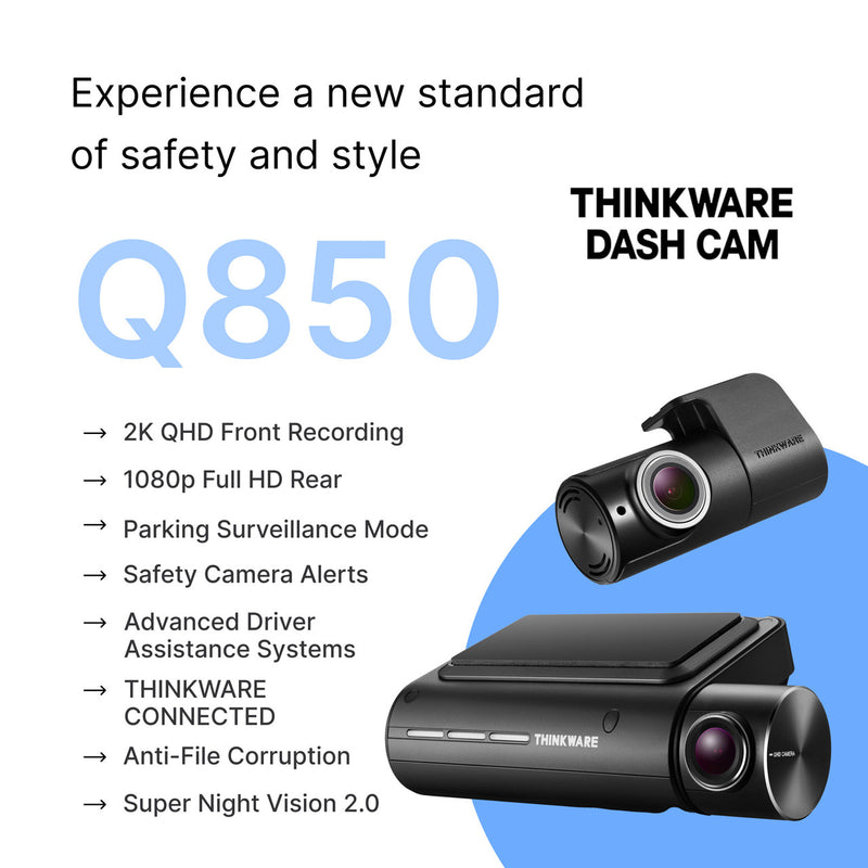 Thinkware Q850 2K QHD Front + Rear Dashcam With Wi-Fi & Super Night Vision