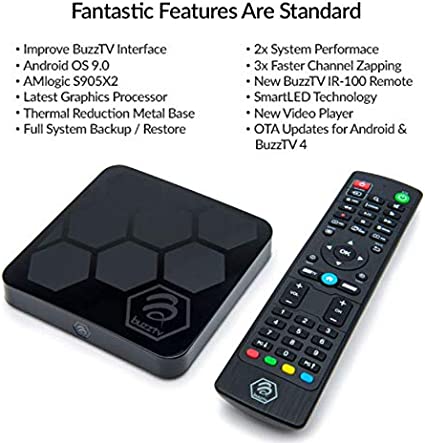 BuzzTV XR4000 - Android 9.0 IPTV Set-Top Box with IR-100 Remote - Faster Than Ever Before - 4K Ultra HD - 2GB RAM 16GB Storage - Latest Graphics Processor - Dual Band WiFi - Bass Electronics