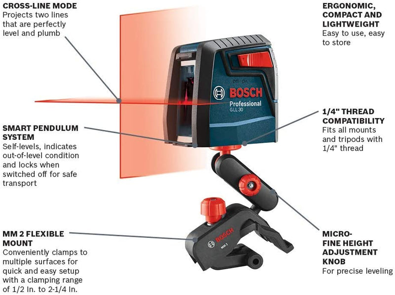 Bosch GLL2-20 65ft Self-Leveling 360 Degree Horizontal Cross Line Laser  Level with Mount and Carrying Pouch,Blue 