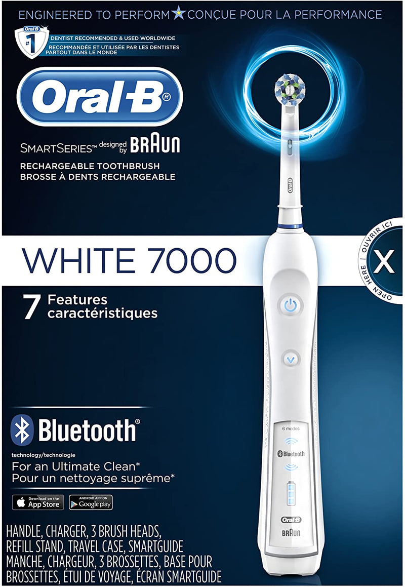 Oral-B 7000 SmartSeries Rechargeable Power Electric Toothbrush with 3 Replacement Brush Heads, Bluetooth Connectivity and Travel Case, White, Powered - Bass Electronics