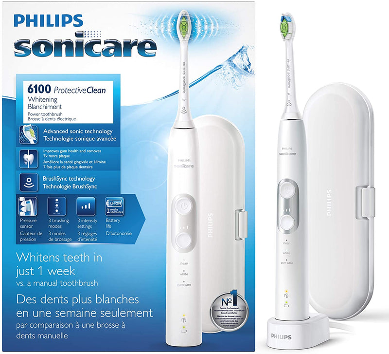 Philips Sonicare ProtectiveClean 6100 Whitening Rechargeable Electric Toothbrush & Travel Case, HX6877/21, White - Bass Electronics