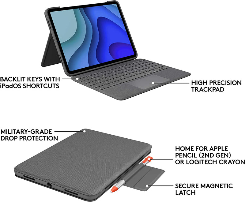 Logitech Folio touch Keyboard Case for iPad Pro 11" (2nd/3rd Gen)/Air - Grey - Bass Electronics