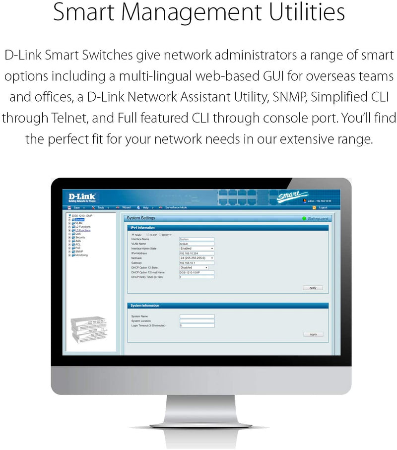 D-Link EasySmart 8 Port Gigabit Desktop Switch with PoE (DGS-1100-08P) - Bass Electronics