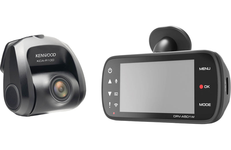 Kenwood DRV-A501WDP HD dash cam with 3" display, Wi-Fi, GPS, and included rear-view cam