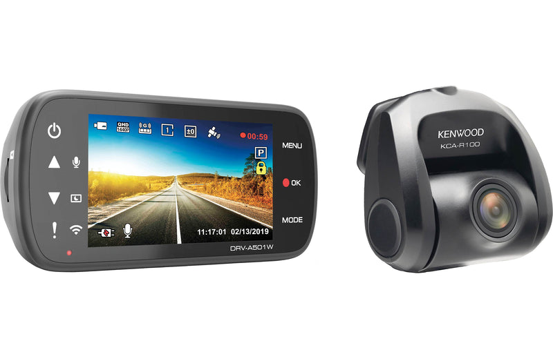 Kenwood DRV-A501WDP HD dash cam with 3" display, Wi-Fi, GPS, and included rear-view cam