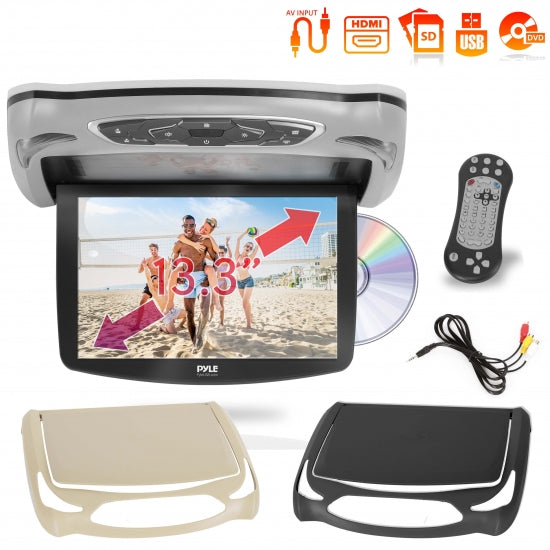 Pyle PLRD146 13.3 inch Flip-Down Display Screen Roof Mount Monitor with Multimedia Disc Player, USB/SD