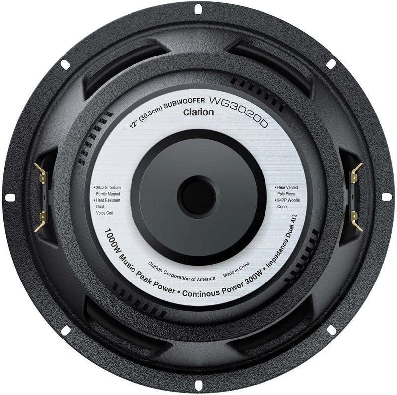 Clarion WQ3020D 1500W Max 12" Dual 4-ohm Voice Coil Subwoofer - Bass Electronics