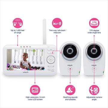 VTech VM351-2 5” Digital Video Baby Monitor with 2 Cameras, Wide-Angle Lens and Standard Lens, Silver and White… - Bass Electronics