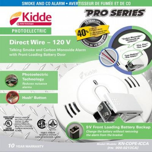 Kidde 900-0213CA - KN-COPE-ICCA - Photoelectric Talking Smoke & Carbon Monoxide Alarm with 9V Front-Loading Battery Backup - Bass Electronics